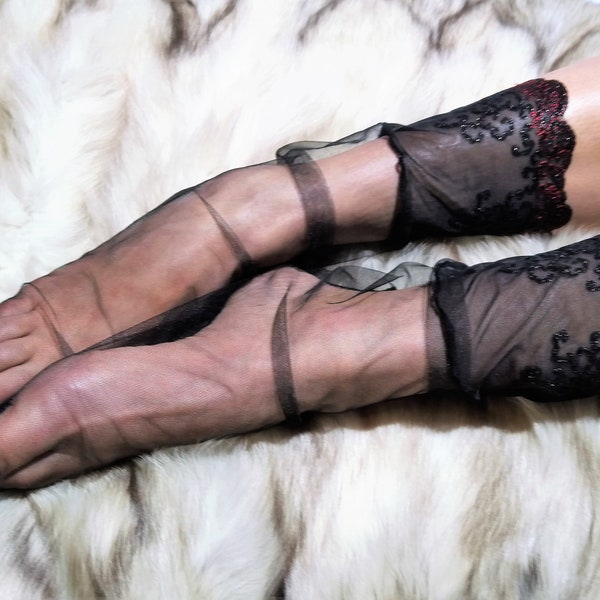 Tulle Socks. Black Sheer Lace Cute Transparent Socks. New Year Style.