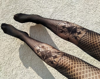 Collant da donna con motivo a serpente, collant a rete, colore nero, calze in pizzo