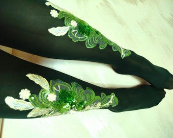 Green Embellished Tights Pattern Flowers Application Soft Thick Winter Tights. Stretchy and comfortable.