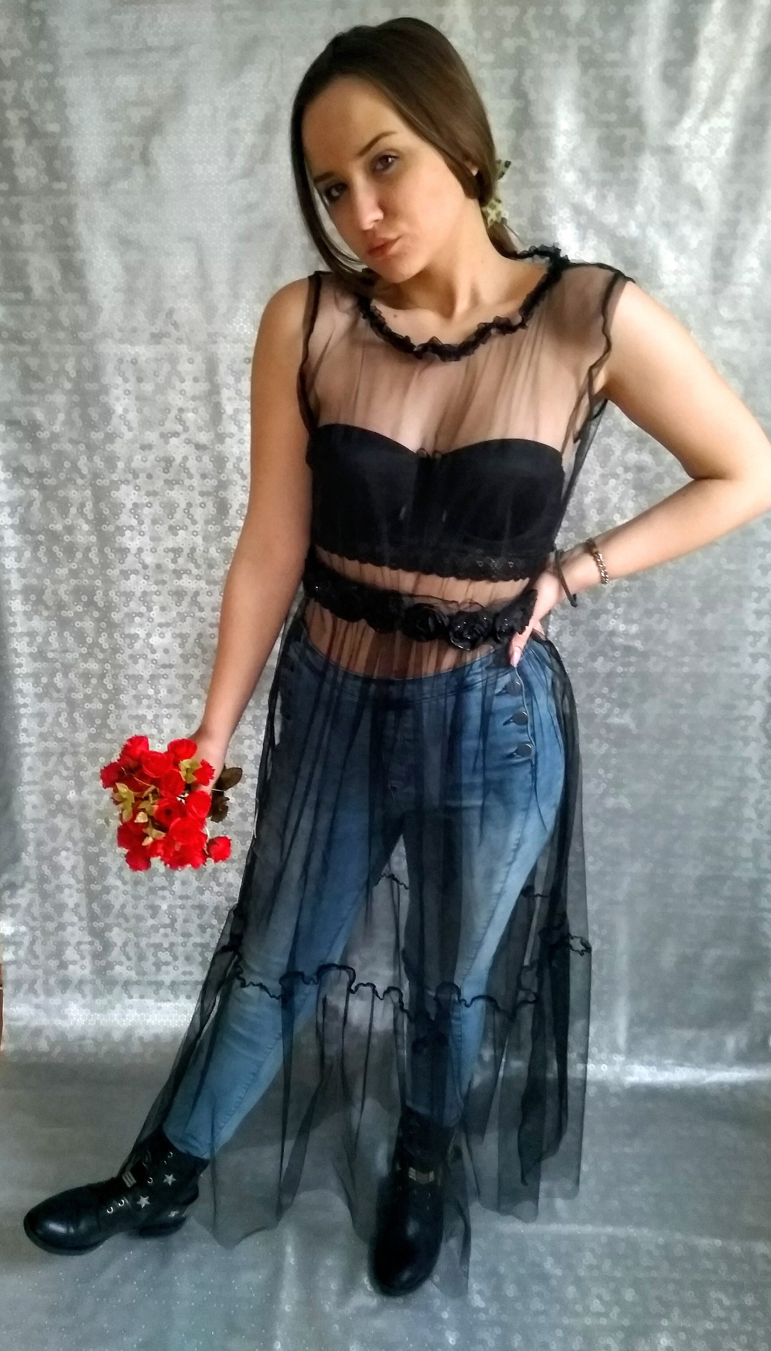 17912 Black Sheer Lace Tulle Sleeve Shirt Dress