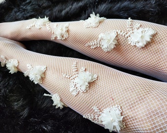 Embellished Tights For Women. White 3D Flower Pantyhose Bridal Stockings Mesh Fishnet Tights. Wedding Tights.