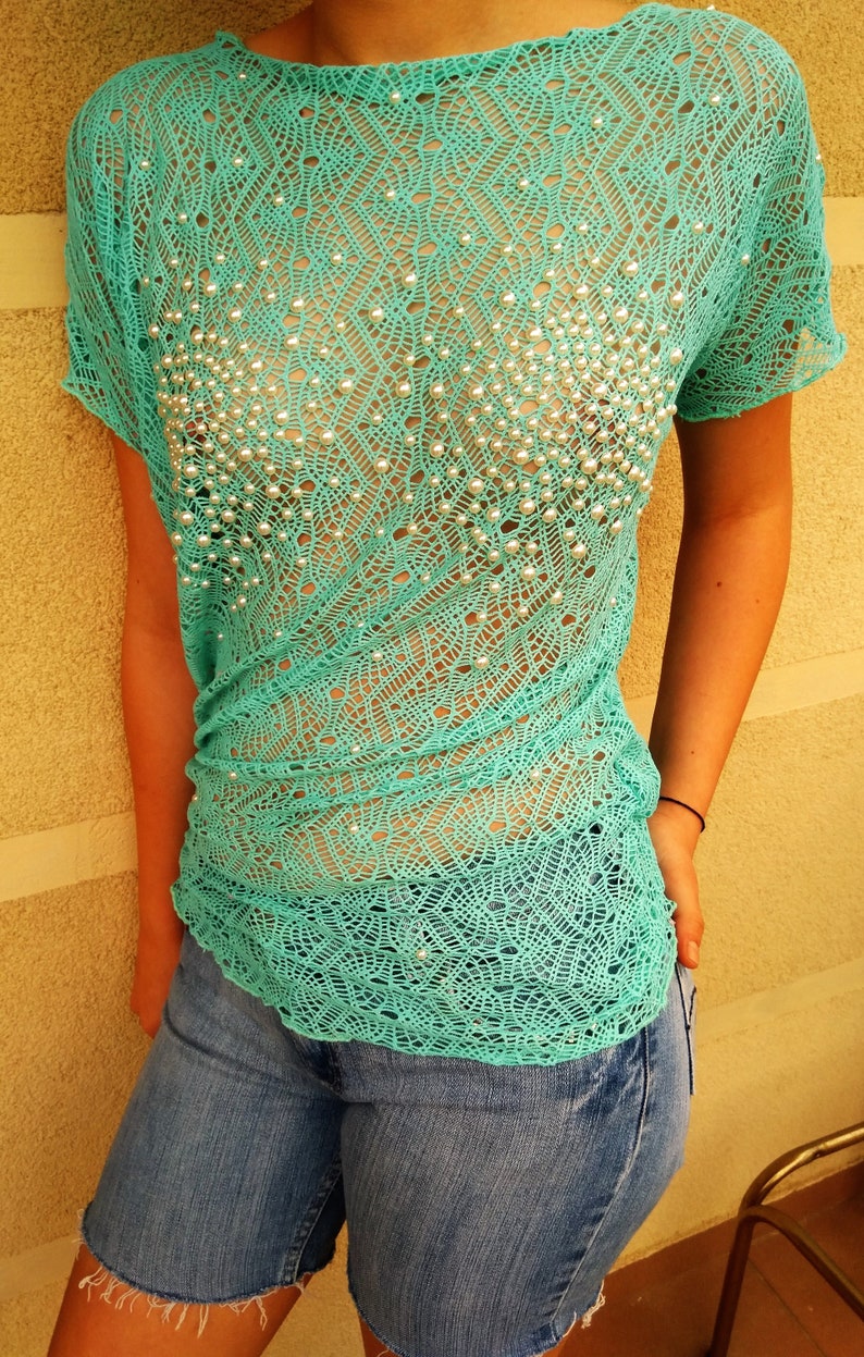 Green Blue Mesh Transparent Lace Beach Top Luxury Lingererie. Sheer Bodysuit Blouse