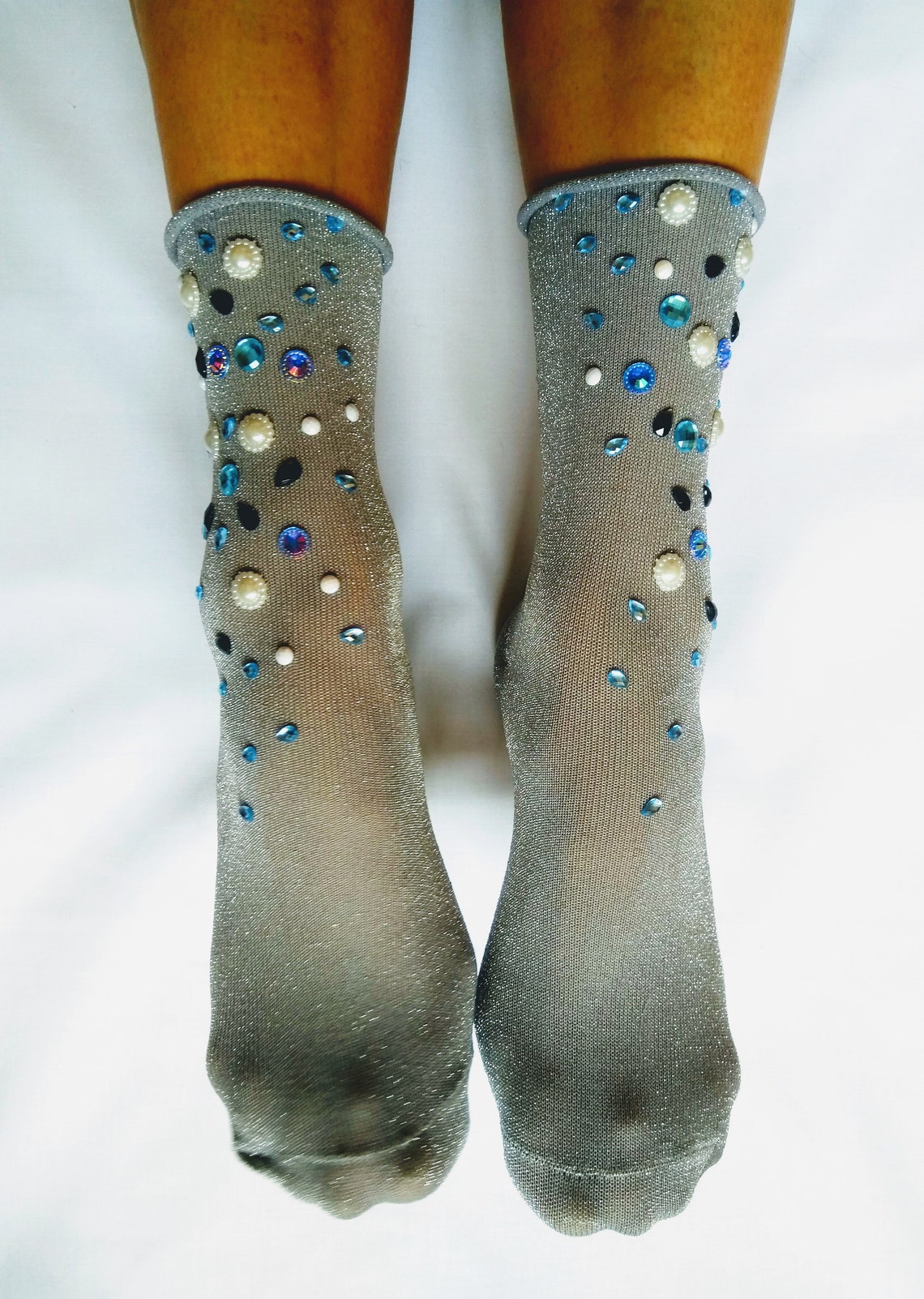 Glitter Lurex Embellished Socks. Rhinestones Cute Cotton Grey | Etsy