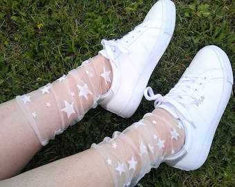 Tulle socks. White Cute Novelty Sheer Cool Star Socks. Mother's Day Gift.