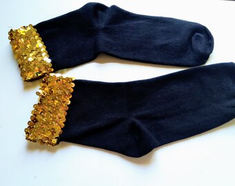 Gold Black Socks. Boot Cotton Cute Funny Novelty Sequin Lolita Socks. Christmas Gift.