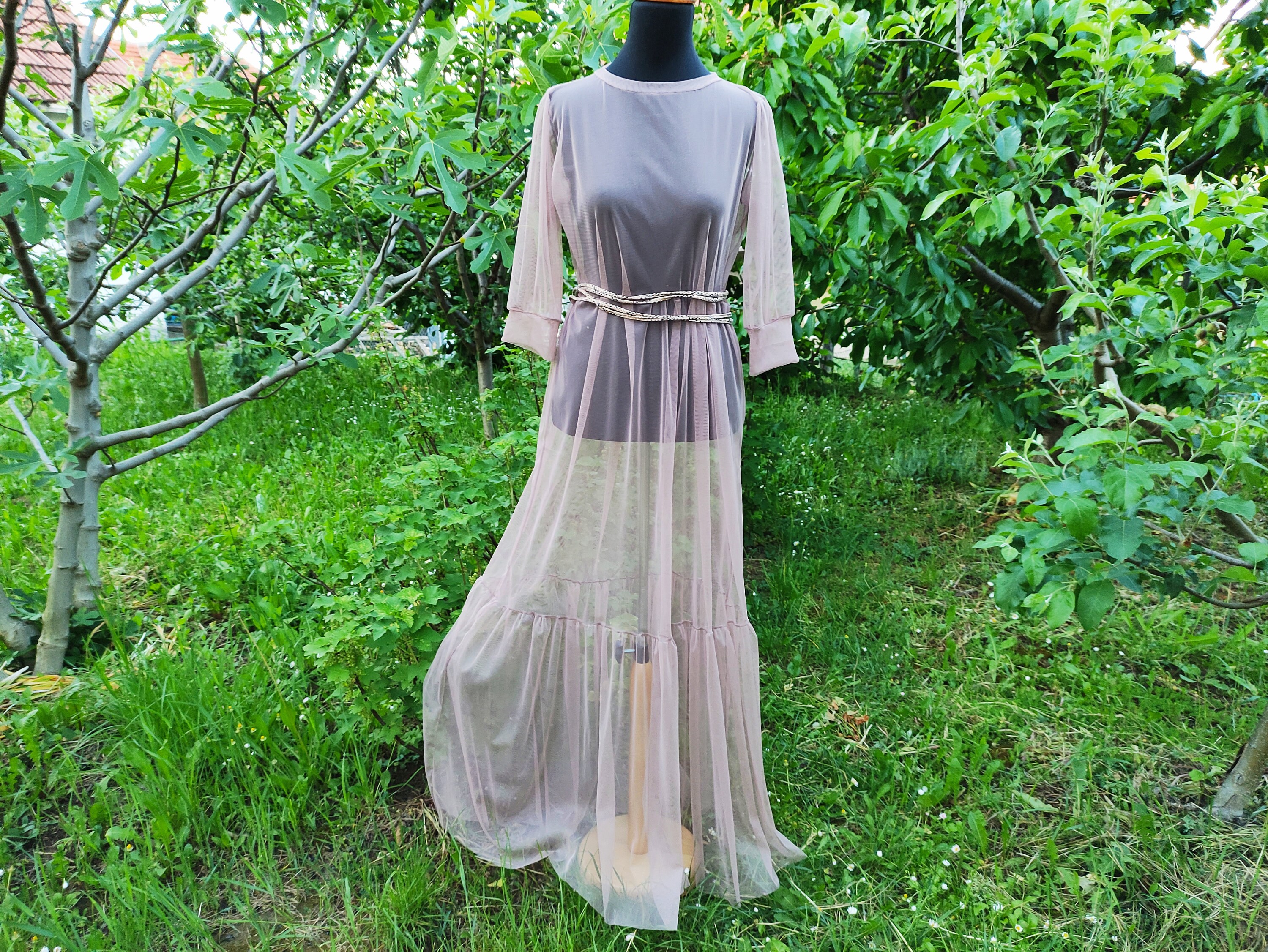 Beige Tulle Maxi Dress: Sheer Summer Fashion Gown