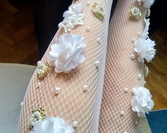 White 3D Flower Fishnet Tights: Embellished Bridal Pantyhose