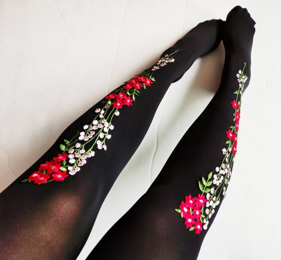 Tights for Women. Opaque Embroidered Spandex Lolita Floral Womens