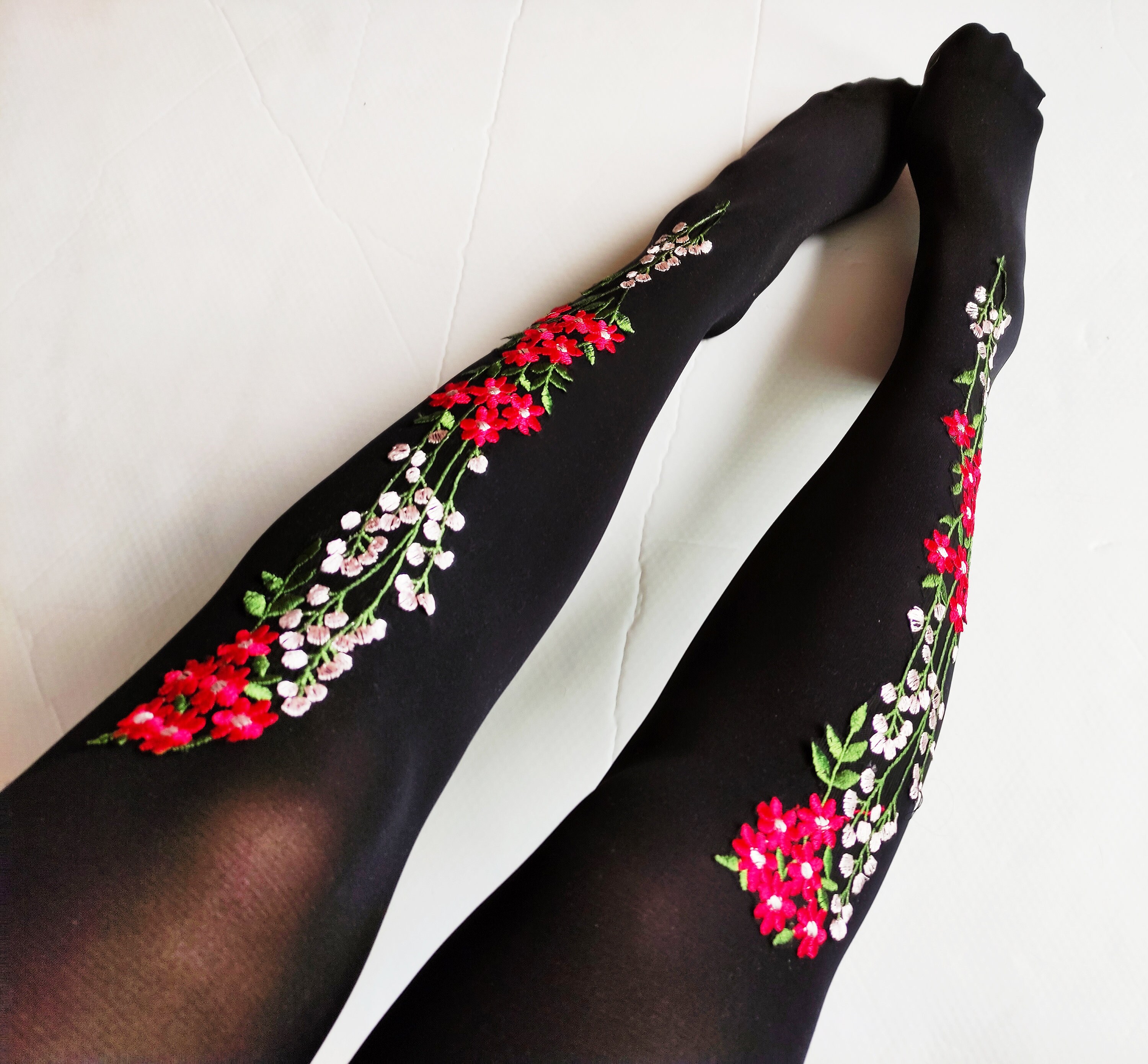 Tights for Women. Opaque Embroidered Spandex Lolita Floral Womens Tights  Hosiery. Embellished Tights. 