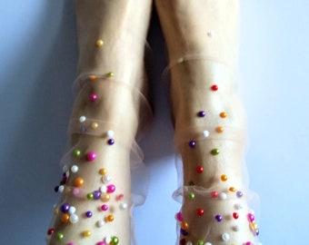 Tulle Socks. Sheer Pearl Cute Novelty Transparent Socks. Gift for Her.