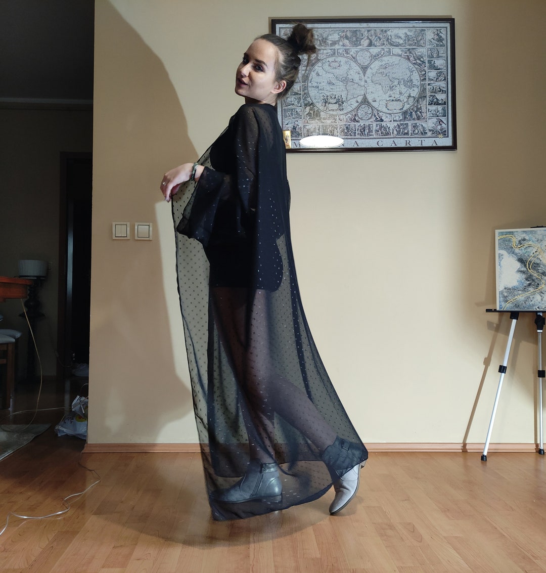 Sheer Chiffon Robe. Black Coctail Party Novelty Casual Summer Minamilist Muslin Shine Dot Kimono ...