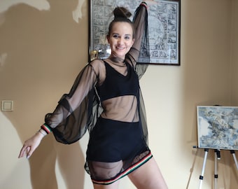 Mesh Sheer Blouse, Long Sleeve Black Trendy Top