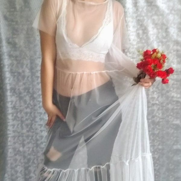 White Tulle Dress. Sheer Transparent Mesh Maxi Evening Bridal Dress. Tulle Gown. Mother Day Gift.