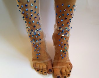 Blue Crystals Tulle Socks. Sandals Summer Cute Novelty Sheer Cool Embellished Rhinestone Galaxy Socks. Transparent Lingerie.