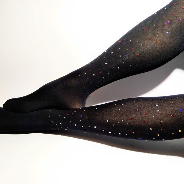 Tights for Women Embellished. Rhinestones Sparkle Opaque Black Sexy Lolita Tights. Christmas Gift.