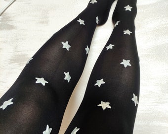 Silver Stars Black Tights - Spandex Lolita Patterned Tights