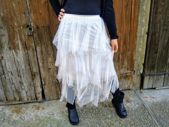 Jupe asym trique volants Tulle. Jupe longue transparente mode