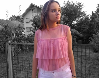 Sheer Rose Pink Bodysuit Blouse - Ruffle Tulle Top, Luxury Lingerie