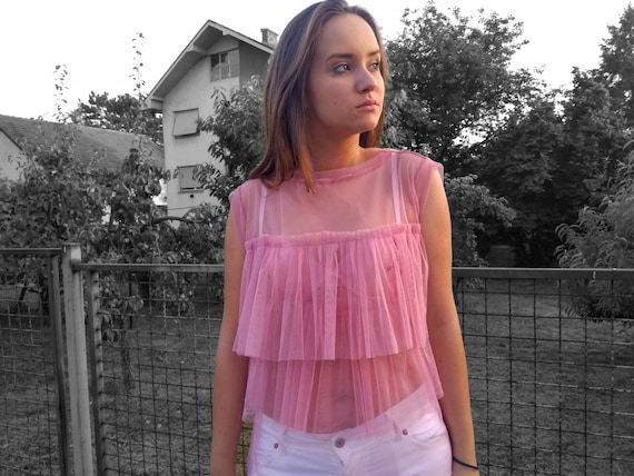 Blusa de traje de pura. Malla fina Sexy rosa rosa verano volante superior de tule transparente. Lenceria de lujo. Etsy Mexico