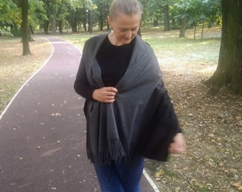 Cashmere Ombre Gray Black Shawl. Soft Extra Wide Quality Wool Shawl. Mother's Day Gift.