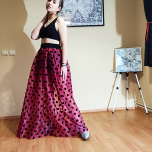 Organdy Dark Pink Polka Dot Skirt. Sheer Trendy Party Transparent Fashion Long Skirt. Christmas Gift.