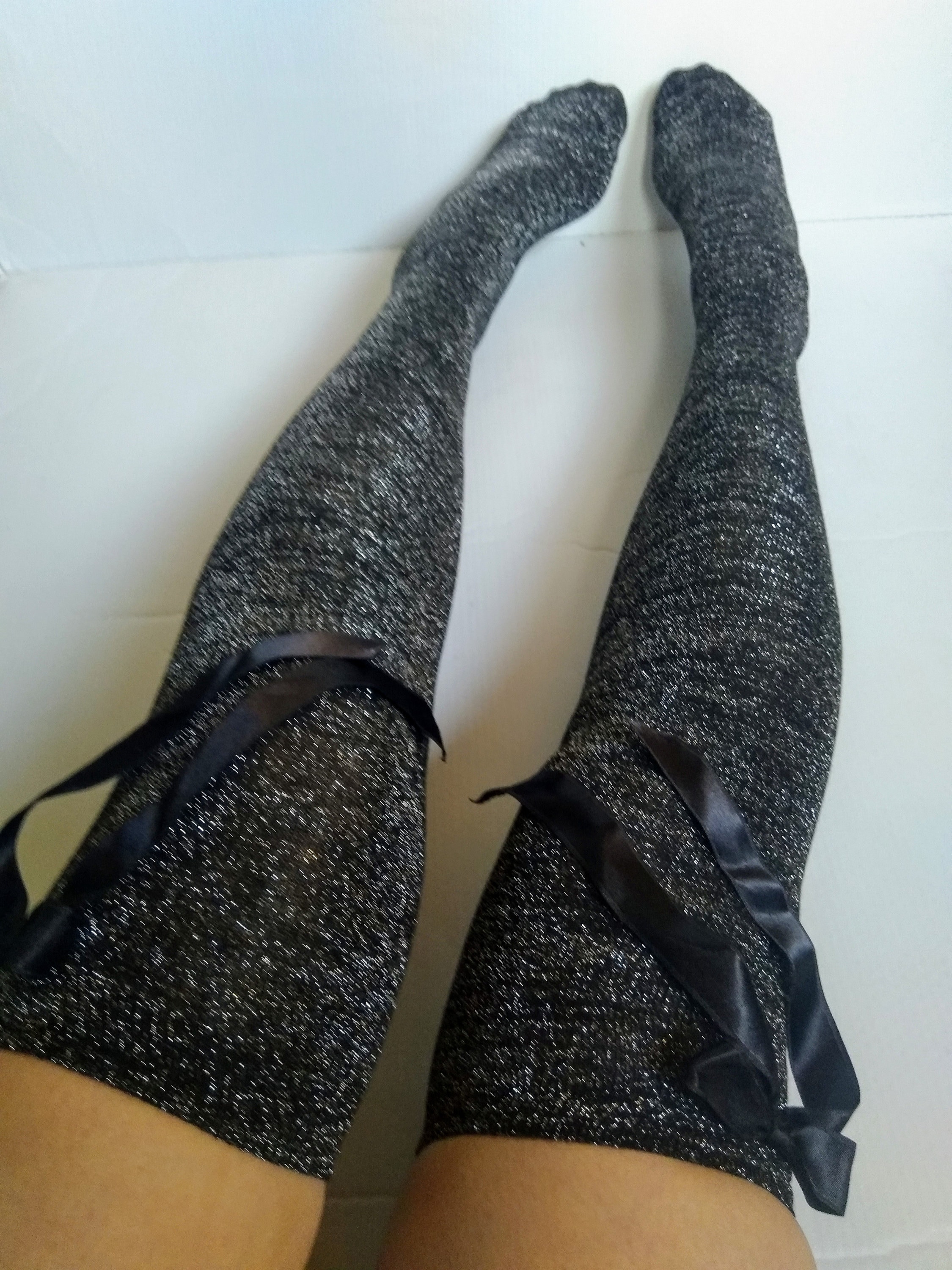 Thigh High Boot Socks. Glitter Lurex Gray Silver with Satin Etsy