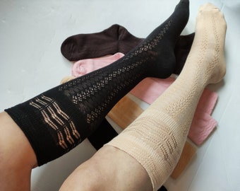 Gestrickte rosa beige schwarz braune kniehohe Socken. Niedliche Lolita Boots Socken aus reiner Baumwolle. Kniehose NEU.