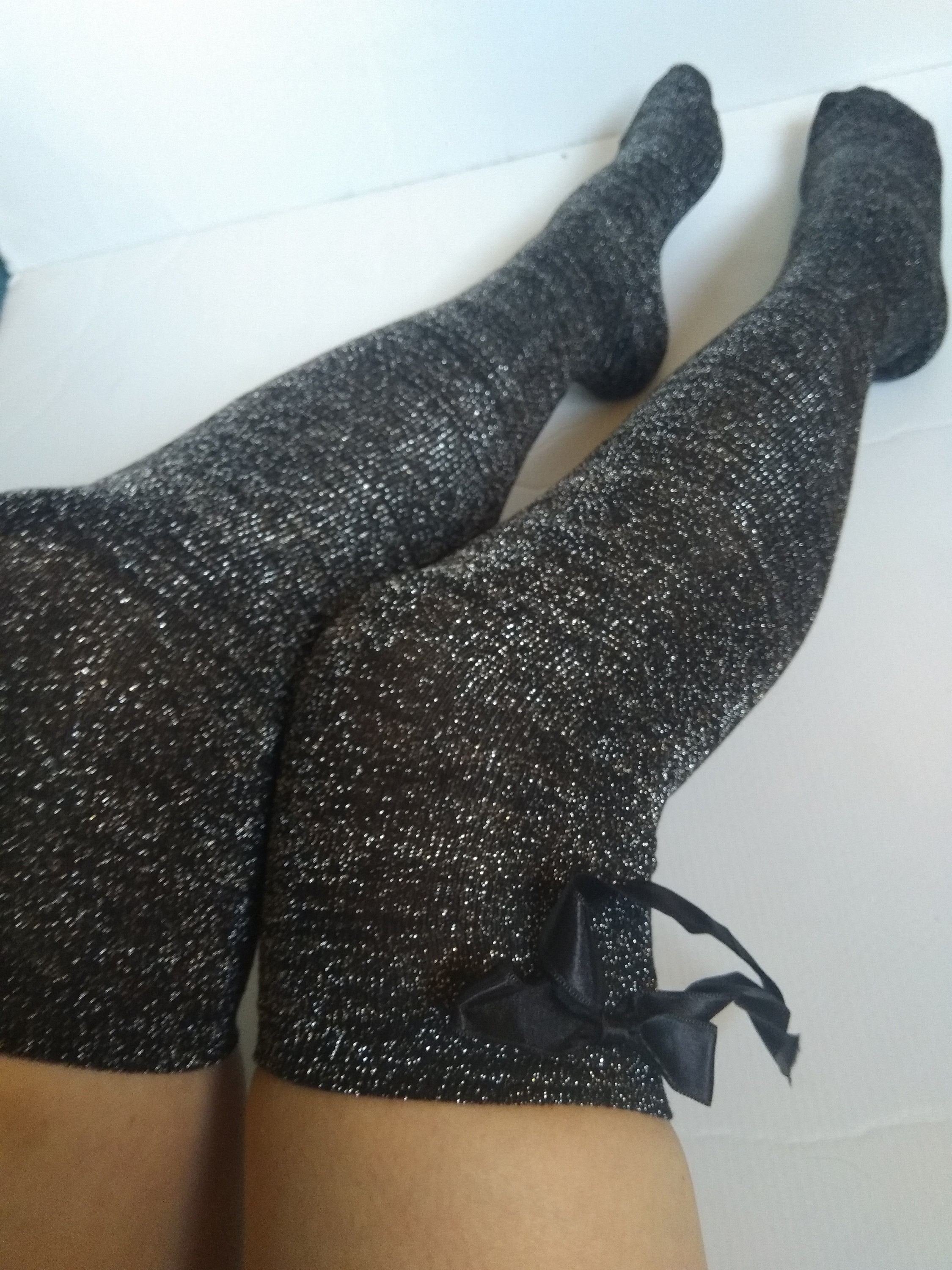 Thigh High Boot Socks. Glitter Lurex Gray Silver with Satin Etsy