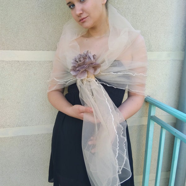 Tulle Evening Dress Cover Up. Beige Mesh Shoulder Flower Bridal Wrap. Formal Sheer Capelet.