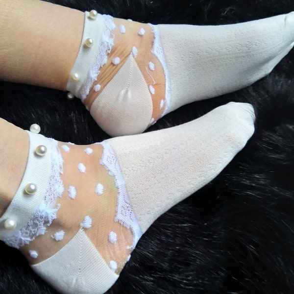 Embellished Pearls Cool Cotton Cute Novelty Pearls White Summer Lace Funny Socks. Mother Day Gift.