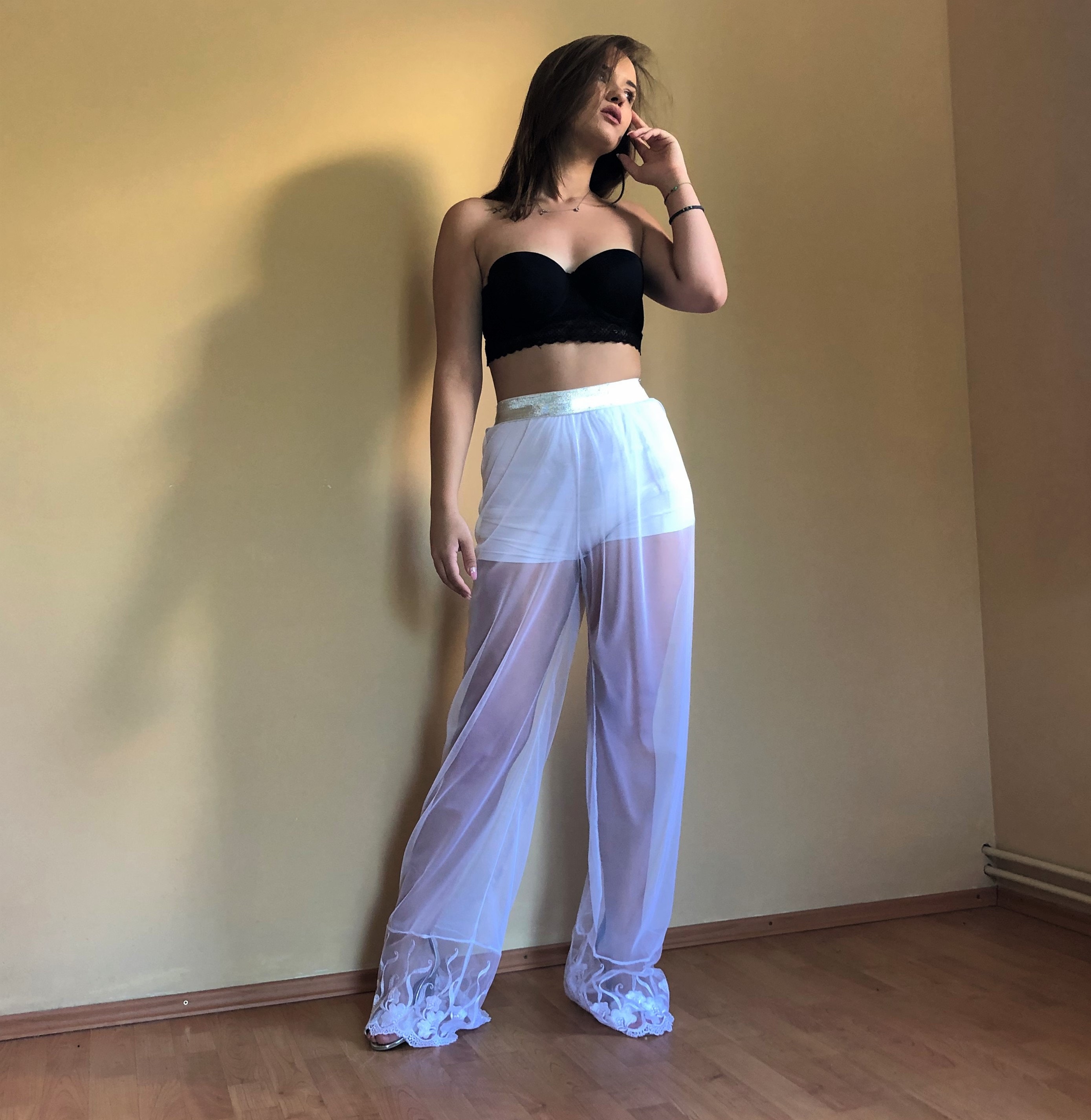 Flared mesh pants and top for dance, Sexy outfit with transparent