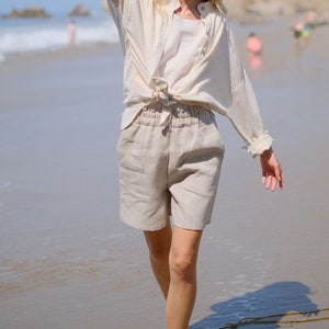 Linen shorts HARPER. High waisted linen shorts. Elastic waist bermuda shorts. 100% Linen women shorts. Sustainably made shorts. Made in USA