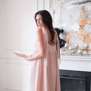 Cotton gauze maxi sundress NELLY. Tie-straps dress. Engagement party birthday dress. Maternity dress. White dusty rose sundress. Made in USA