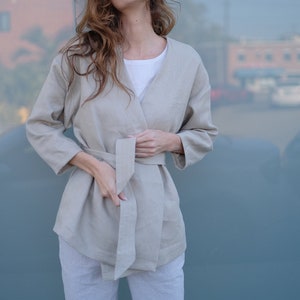 Linen jacket OLIVIA. Relaxed belted robe with pockets. Linen minimalist blazer. Linen kimono robe with duo pockets. Light coat. Made in USA