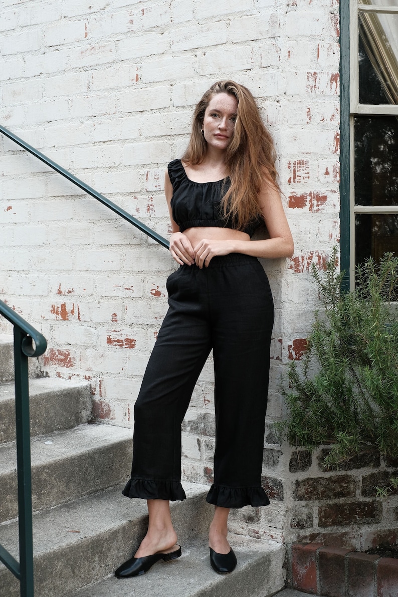 sandara, women linen pants, women linen clothing, casual capri, cropped pants, long shorts women, linen pants set, linen capri pants, black capri, beige capri, ruffle pants women, bohemian pants women, linen pajama, pajama party set