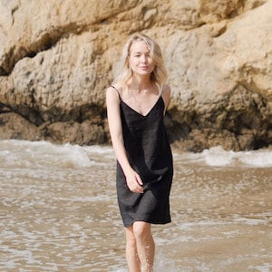 Linen slip dress LILY. Linen midi dress with straps. Minimalist lounging and layering dress. Linen nightdress. Black sundress. Made in USA