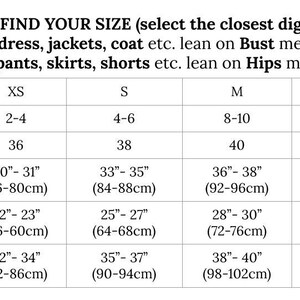 May include: Size chart for clothing with measurements in inches and centimeters. The chart shows sizes for dresses, jackets, coats, pants, skirts, and shorts. The sizes are listed in US, EUR, Bust, Waist, and Hips.