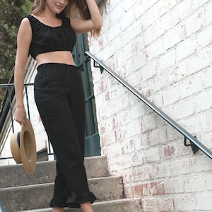 sandara, women linen pants, women linen clothing, casual capri, cropped pants, long shorts women, linen pants set, linen capri pants, black capri, beige capri, ruffle pants women, bohemian pants women, linen pajama, pajama party set