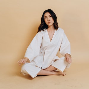 SAKURA Kimono jacket, One size, 100% Organic Cotton, Relaxed fit jacket, Retreat wear, Yoga, Meditation robe, Minimalist kimono, Made in USA