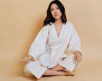 SAKURA Kimono jacket, One size, 100% Organic Cotton, Relaxed fit jacket, Retreat wear, Yoga, Meditation robe, Minimalist kimono, Made in USA