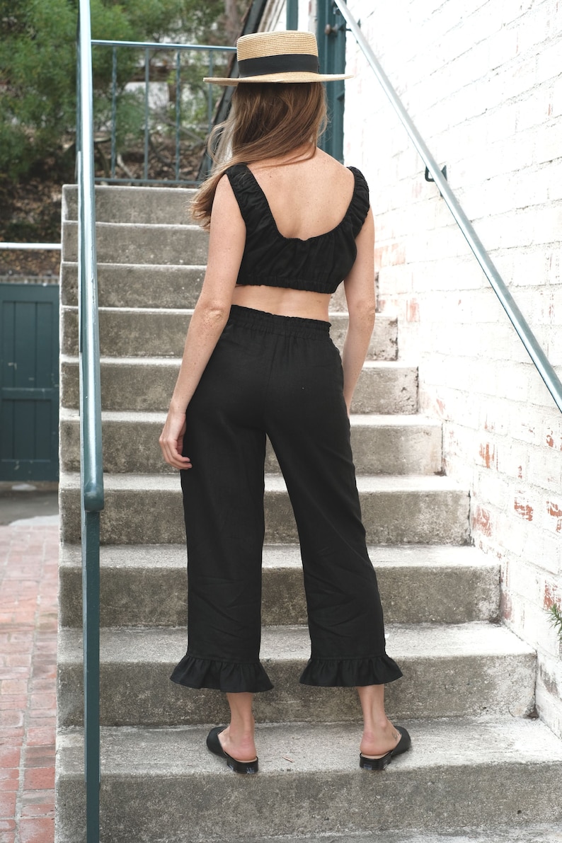 sandara, women linen pants, women linen clothing, casual capri, cropped pants, long shorts women, linen pants set, linen capri pants, black capri, beige capri, ruffle pants women, bohemian pants women, linen pajama, pajama party set