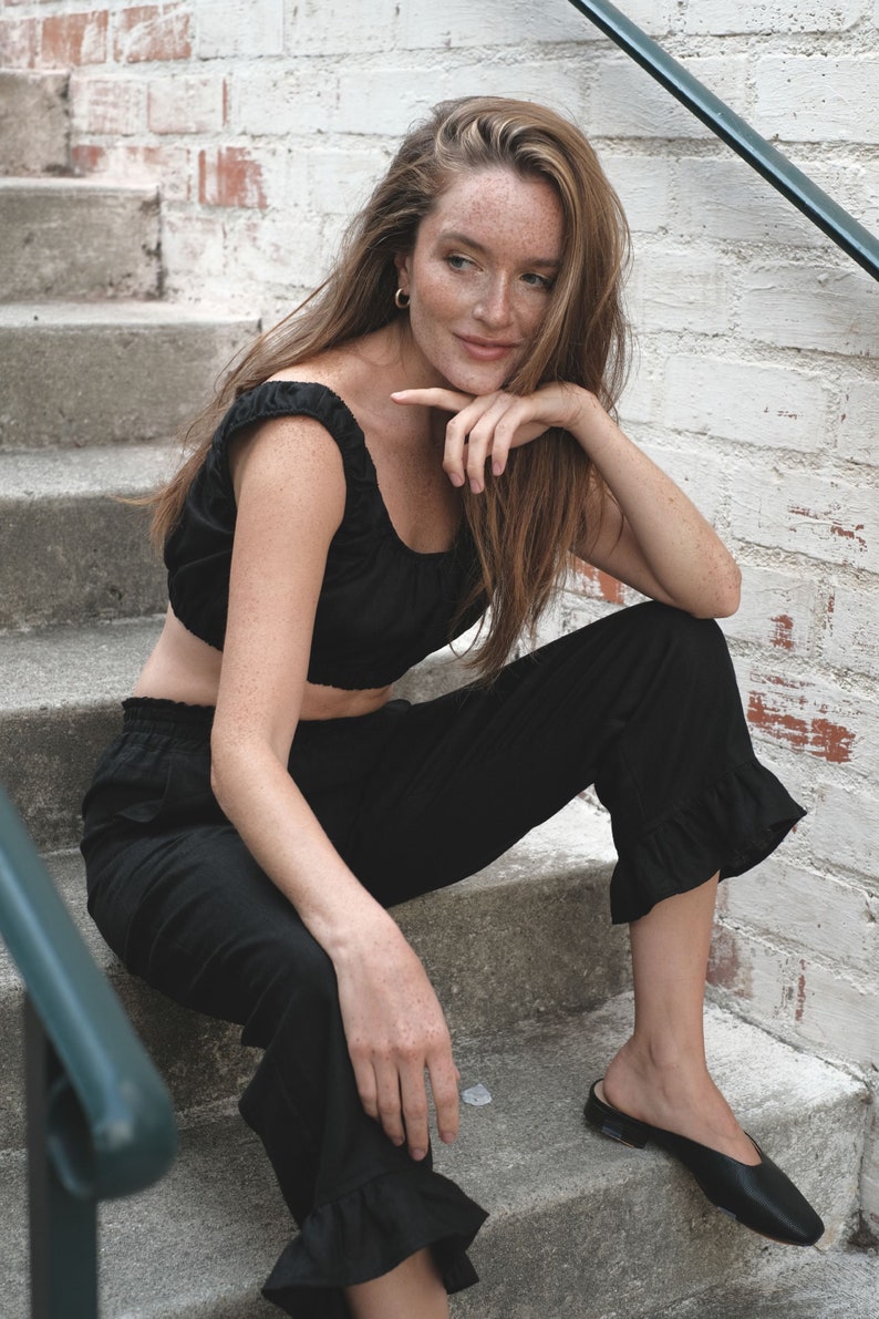 sandara, women linen pants, women linen clothing, casual capri, cropped pants, long shorts women, linen pants set, linen capri pants, black capri, beige capri, ruffle pants women, bohemian pants women, linen pajama, pajama party set