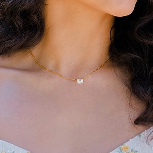 Baguette Diamond Necklace in Gold, Rose Gold, Silver Gift for her Minimalist Emerald Diamond Necklace CZ Solitaire Necklace image 5