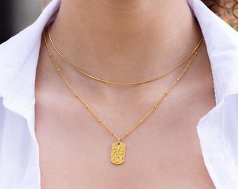 18k Gold Filled Layered Necklace Set: Waterproof Hammered Tag Pendant, Satellite Chain