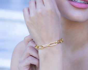 18K Gold Toggle Paperclip Chain Link Bracelet, Thick Paperclip Chain Mothers Day Gift, Chunky Large Chain Layering Bracelet Waterproof