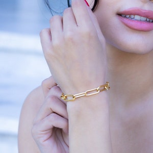 18K Gold Toggle Large Paperclip Chain Link Bracelet, Thick Paperclip Chain Mothers Gift, Chunky Chain Layering Bracelet Waterproof