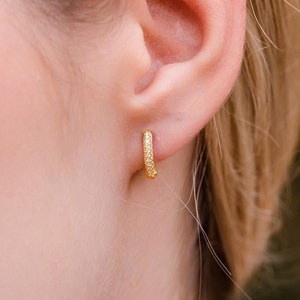 Diamond CZ Pave Huggie Hoops: 18k Gold Sterling Silver Earrings