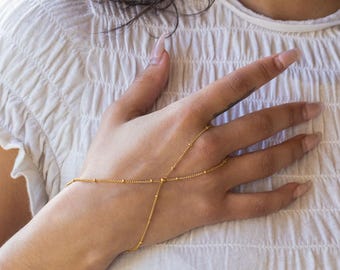 Beaded Satellite Chain Hand Bracelet • 18k Gold filled Finger Bracelet • Waterproof Slave Bracelet