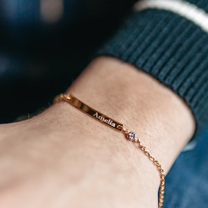 Gold Bar Bracelet Personalized, Personalized birthstone bracelet, Personalized jewelry for mom, Diamond Name bracelet, Skinny Bar