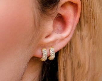 Diamond Huggie Earrings Gold CZ Huggies, Small Hoop Earrings, Tiny Dainty Gift for her, Thick Pave Diamond CZ Huggie Hoop